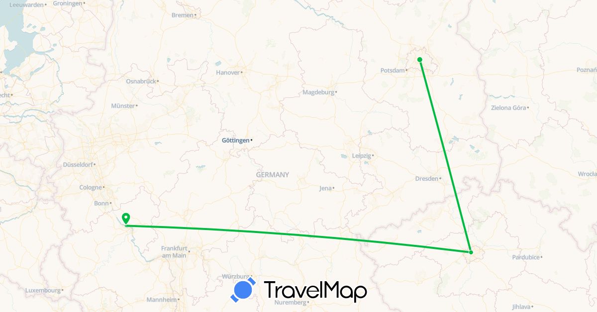 TravelMap itinerary: driving, bus in Czech Republic, Germany (Europe)